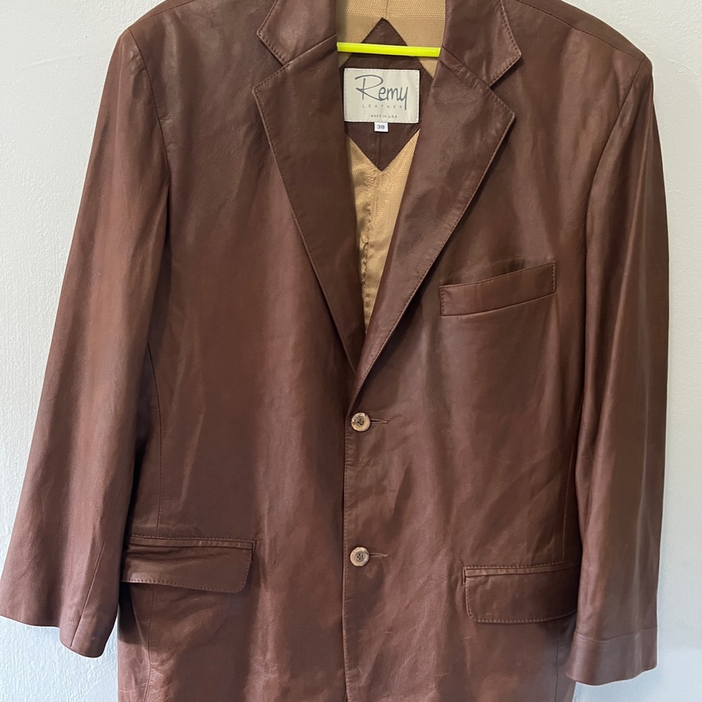 Remy Leather Blazer Jacket Mens 38 Brown Made USA Two Button Sport Coat Classic